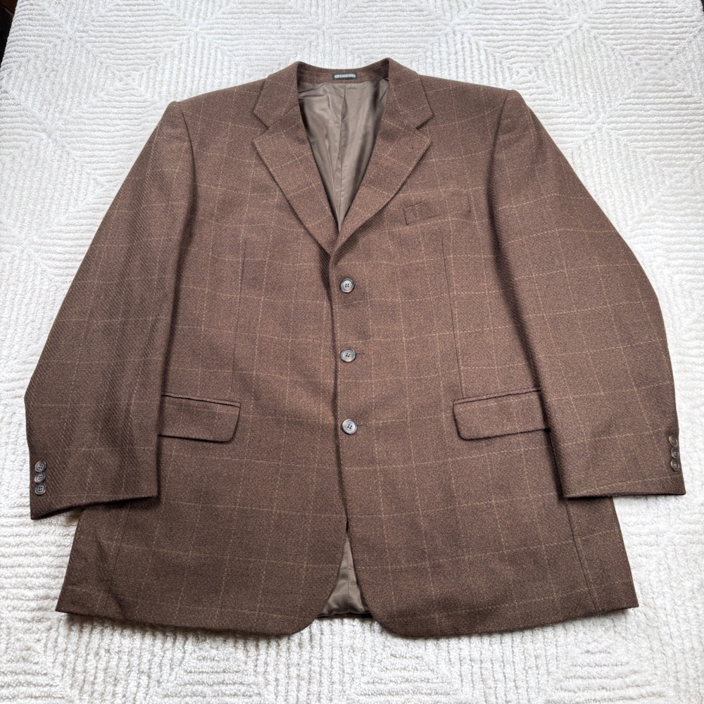 VTG Stafford Blazer Men 48L Brown Windowpane Check Coat Old Money Professor 90s